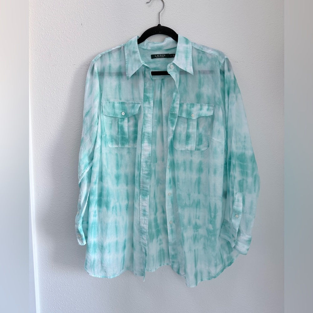 Cotton+Silk Button Down Watercolor Breezy Top Lauren Ralph Lauren| Plus Size 1X